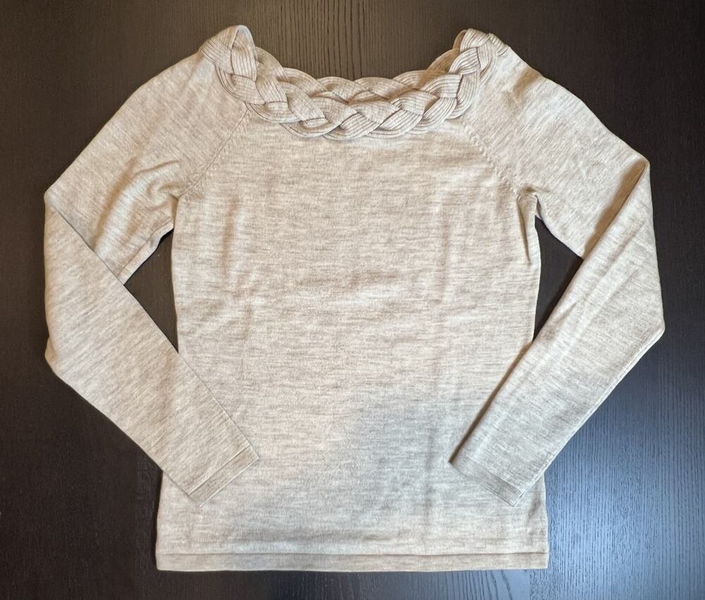 Ann Taylor Merino Wool Heather Oat Beige Braided Boat Neck Sweater Size Small